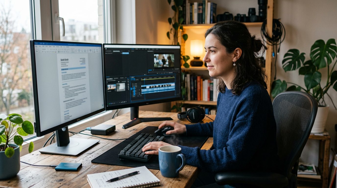 A freelance designer reviewing a personalized application pack on a laptop at a home desk